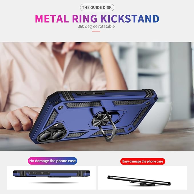 ADDIT Compatible with iPhone 17 Case with Tempered Glass Screen Protector, Adjustable Kickstand Ring, Military-Grade Heavy Duty Protection, Shockproof, Anti-Fingerprint,Blue
