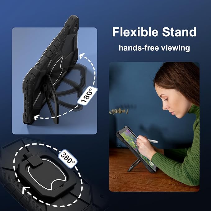 DreamerX for Samsung Galaxy Tab A9+/A9 Plus 11 Inch 2023 Case (SM-X210/X215/X216/X218), Shockproof Rugged Silicone Drop Protective Cover with 360 Rotating Stand Handle Shoulder Strap Pen Holder, Black