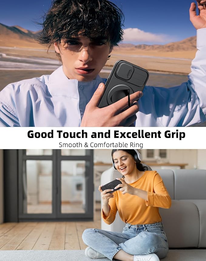 for iPhone 12 Pro Max Case Compatible with MagSafe Magnetic,with 2 Screen Protector,with Camera Cover&360°Kickstand Ring,Military Grade Drop Shockproof Heavy Duty Protection Phone Bumper Black