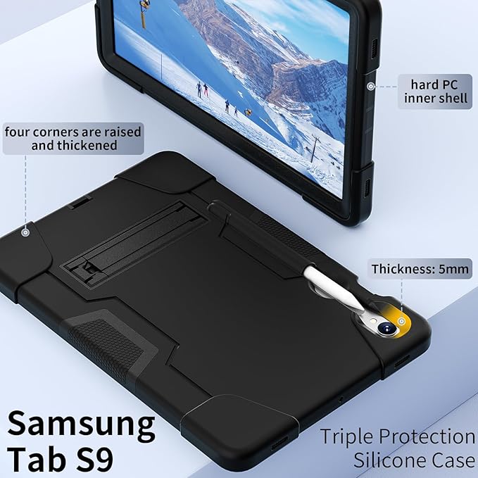 case for Galaxy Tablet S9 FE & S9 2023 (SM-X710/X718U/X716B/X510/X516B), Soft Silicone & Hard Pc 3-Layer Military Protector Cover for Tab S10 FE S8 S7 with S-Pen Holder Stand caseblack+Black