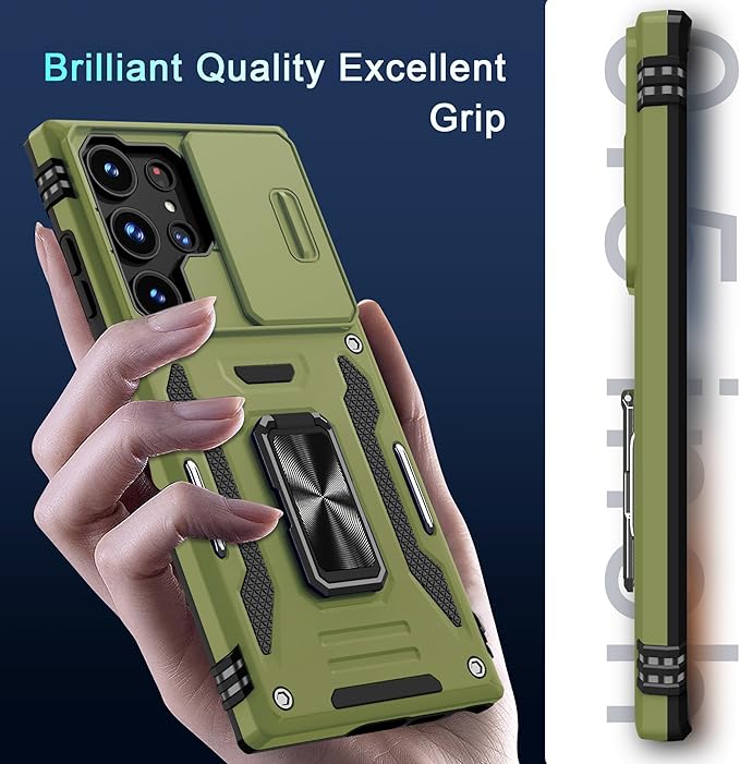 DEERLAMN Case for Samsung Galaxy S25 Ultra with Slide Camera Cover+Screen Protector (1 Pack), Rotated Ring Kickstand Military Grade Shockproof Protective Cover-Olive Green