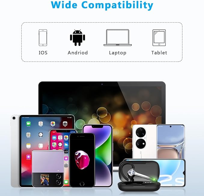 Bluetooth Headset, Wireless Bluetooth Earpiece with 500mAh Charging Case 72 Hours Talking Time Built-in Microphone for iOS Android Cell Phone, V5.1 Hand-Free Headphones for Trucker, Office