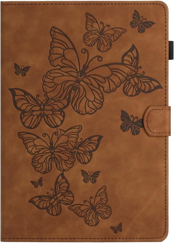 KEROM Case for Samsung Galaxy Tab A9+ Plus 11 Inch 2024 2023 (SM-X210/X216/X218), Embossed Suede Leather Folio Stand Cover with Auto Wake/Sleep & Card Slot & Pen Holder - Brown Butterfly Embossing