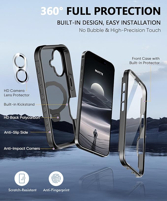 Compatible with iPhone 16 Case, Built-in Screen Protector & Seamless Stand, with Camera Lens Protector, Strong Magnetic Matte Phone Case, Full Body Protective Cover for 6.1 Inch (Black)