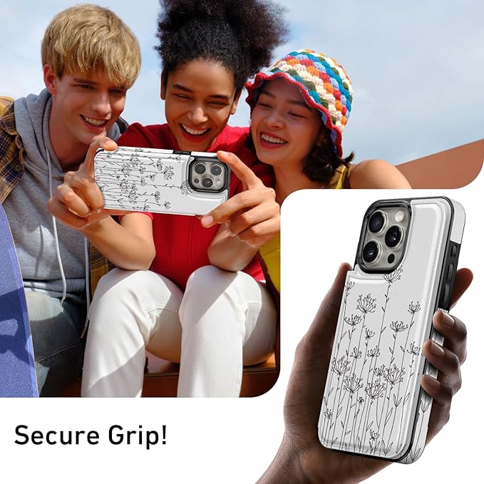 FUNMIKO for iPhone 15 Pro Max Wallet Case with Card Holder, RFID-Blocking, Military-Grade Protection & UV-Printed Artwork, Magnetic Closure with Leather Kickstand - Elegantly Sketched Flower