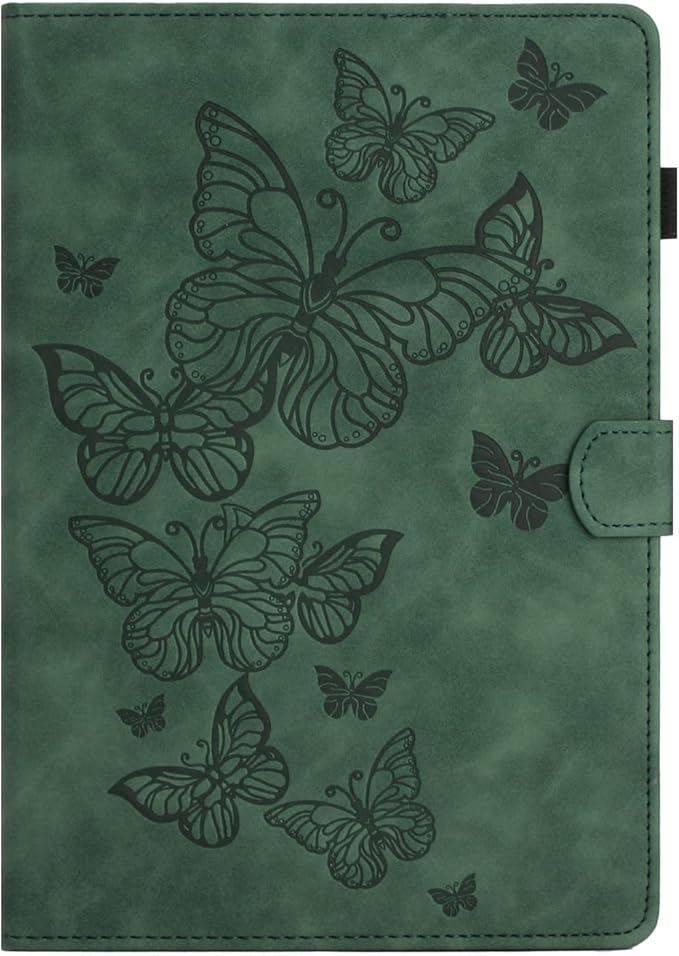 KEROM Case for Samsung Galaxy Tab A9+ Plus 11 Inch 2024 2023 (SM-X210/X216/X218), Embossed Suede Leather Folio Stand Cover with Auto Wake/Sleep & Card Slot & Pen Holder - Green Butterfly Embossing