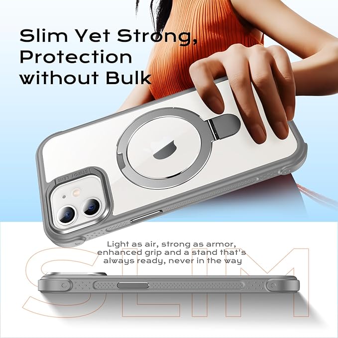 Anqrp O-Ring Magnetic Kickstand Clear Case for iPhone 12/12 Pro, Compatible with Mag-Safe, Military-Grade Reinforced 4-Corners Anti-Yellowing Transparent Phone Case Cover for iPhone 12/12 Pro, Gray