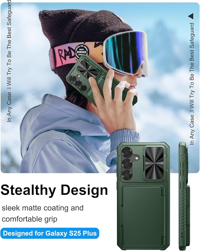 Multifuncional Case for Samsung Galaxy S25+ Plus, Card Holder (4-5 Cards), RFID Block, Slide Lens Cover & Military Drop Protection, Heavy Duty Men Women Wallet Case for Samsung S25+ Plus, Green