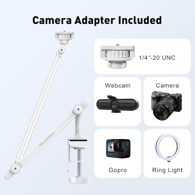 AboveTEK Tablet Stand Holder for Desk & Bed, Aluminum iPad Holder Arm with 360° Rotating Clamp, Adjustable Phone Stand Compatible with 4.7"-13.5" iPad Pro/Air/Mini, iPhone, Galaxy Tab- White