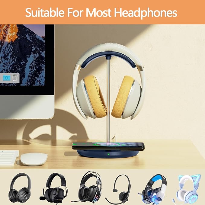 Headphone Stand with Wireless Charger, Gaming Headset Holder Hanger Rack 2 in 1 Wireless Charging Station Dock for iPhone 15/14/13/12/11 Series, Samsung, AirPods Pro/3/2, Aluminum Alloy Rod, Navy Blue