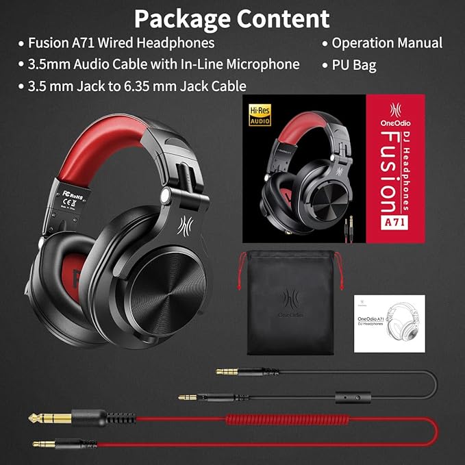 OneOdio A71 Hi-Res Studio Recording Headphones - Wired Over Ear Headphones with SharePort, Monitoring Mixing Foldable Headset with Stereo Sound, 3.5/6.35MM Jack for PC Computer DJ Guitar-Red