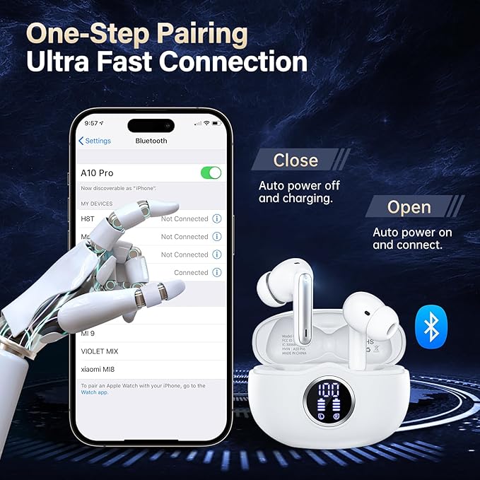A10 Pro Wireless Earbuds, Bluetooth 5.3 Headphones HiFi Stereo 50H Playback LED Digital Display Ear Buds with ENC Noise Canceling Headset, IPX7 Waterproof Earphones for Gym/Running/Work