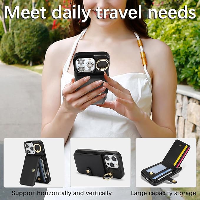 Compatible iPhone 16 Pro Max Wallet Case with Card Holder RFID Blocking PU Leather Doubles as a Wallet Unisex Flip Shockproof Protection with Card Slots Ring Wrist Kickstand Function,Black