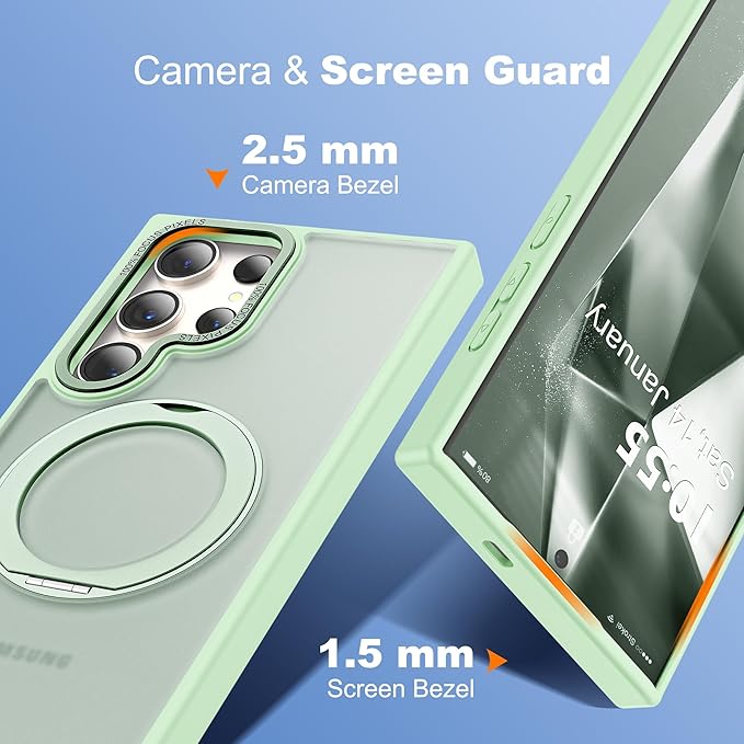 Compatible with Samsung Galaxy S24 Ultra Case with 360Rotatable Magnetic Ring Stand Compatible with Mag-Safe Military Protection Matte Translucent Phone Cases for S24 Ultra 6.8",Green
