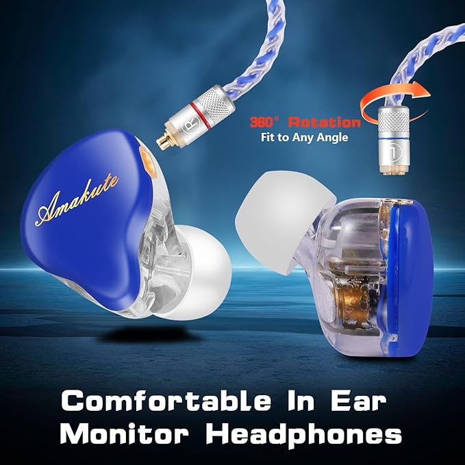 in Ear Monitor Headphones Dual Driver IEMs for Gaming, HiFi Wired Earbuds with 9.2mm+6mm Drivers, Detachable MMCX 4N Silver Cable, Noise-Isolating Ear Tips (Blue)