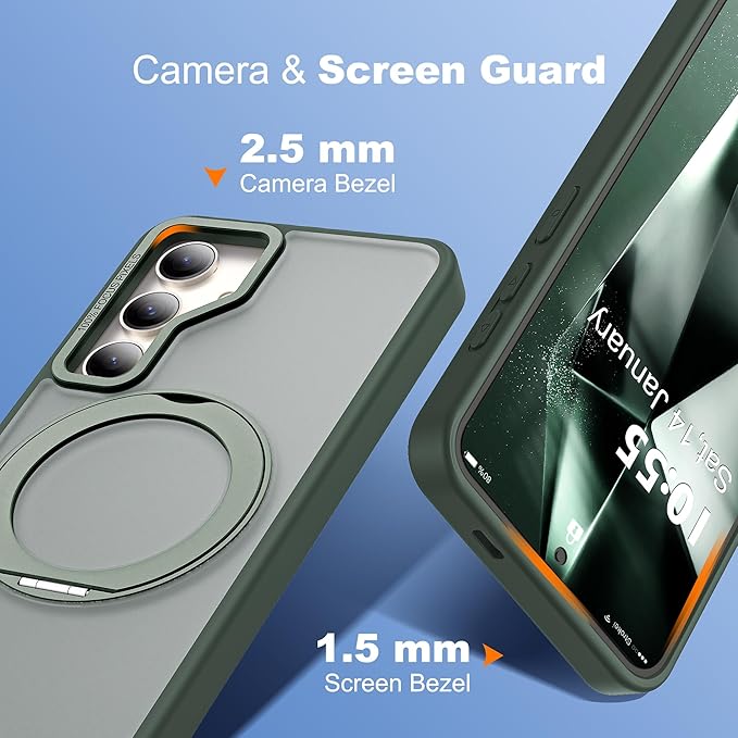 Compatible with Samsung Galaxy S24 Plus Case with 360Rotatable Magnetic Ring Stand Compatible with Mag-Safe Military Protection Matte Translucent Phone Case for Galaxy S24+,Dark Green