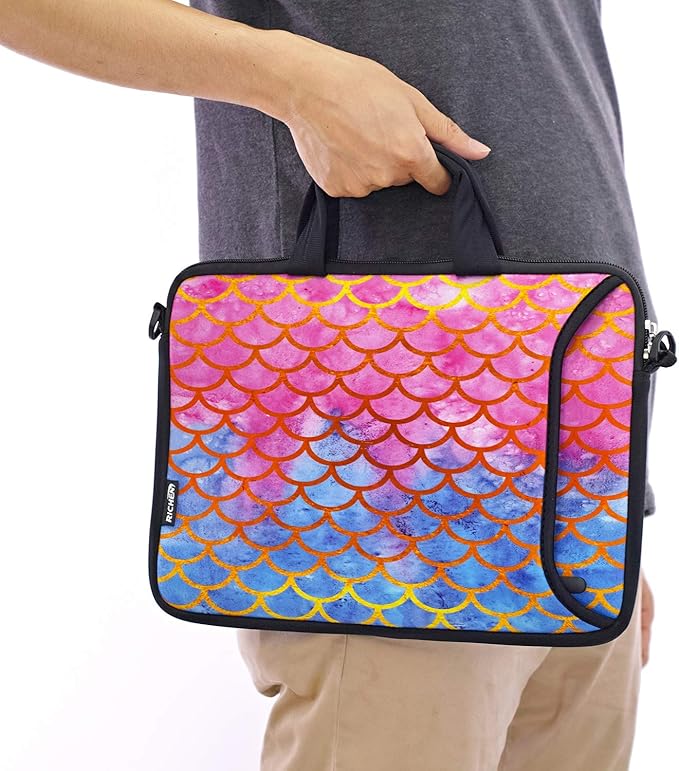 RICHEN 14 15 15.4 15.6 inch Laptop Shoulder Bag Notebook Handle Sleeve Neoprene Soft Carrying Travel Case with Accessories Pocket (14-15.6 inch, Mermaid Scale)