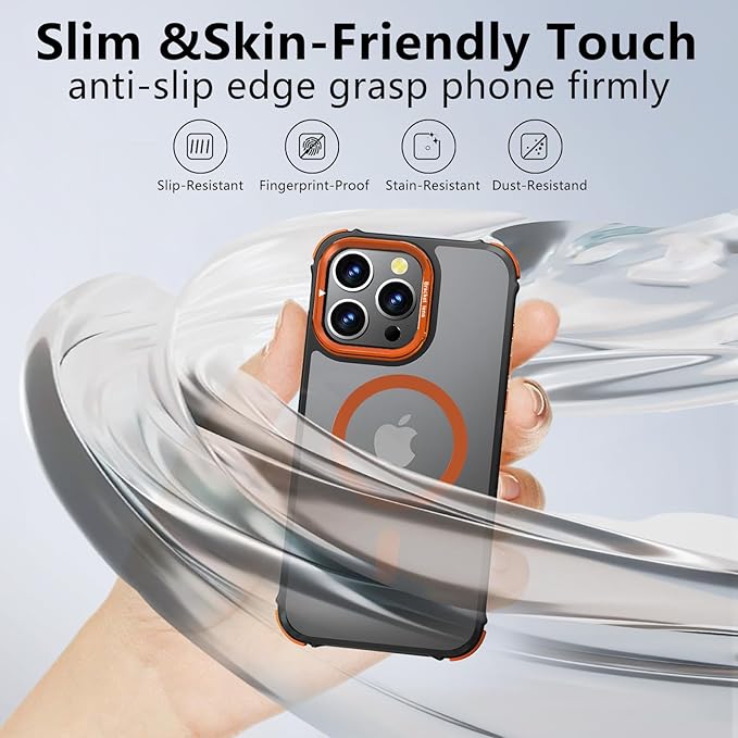 Magnetic for iPhone 15 Pro Max Case Orange with MagSafe Wireless Charging Heavy Duty Military-Grade Shockproof Protection Adjustable Kickstand Slim Matte Anti-Fingerprint Cover Men Women