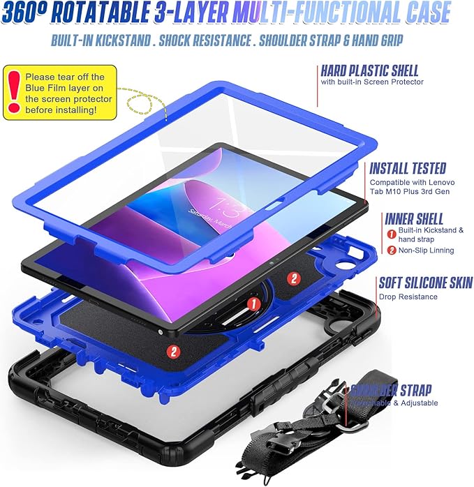 Herize Case for Tab M10 Plus Gen 3 with Screen Protector | Lenovo M10 Plus Case TB125FU/TB128FU/TB128XU with 360 Swivel Stand and Hand Strap | Heavy Duty Blue Cover