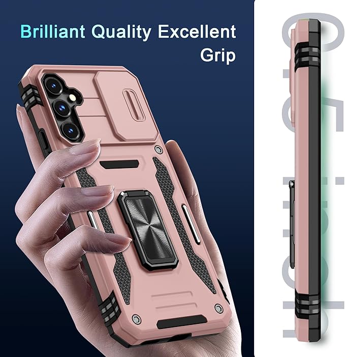 DEERLAMN Case for Samsung Galaxy S23 FE 6.4-Inch with Slide Camera Cover+Screen Protector(1 Pack),Rotated Ring Kickstand Military Grade Shockproof Protective Cover-Rose Gold