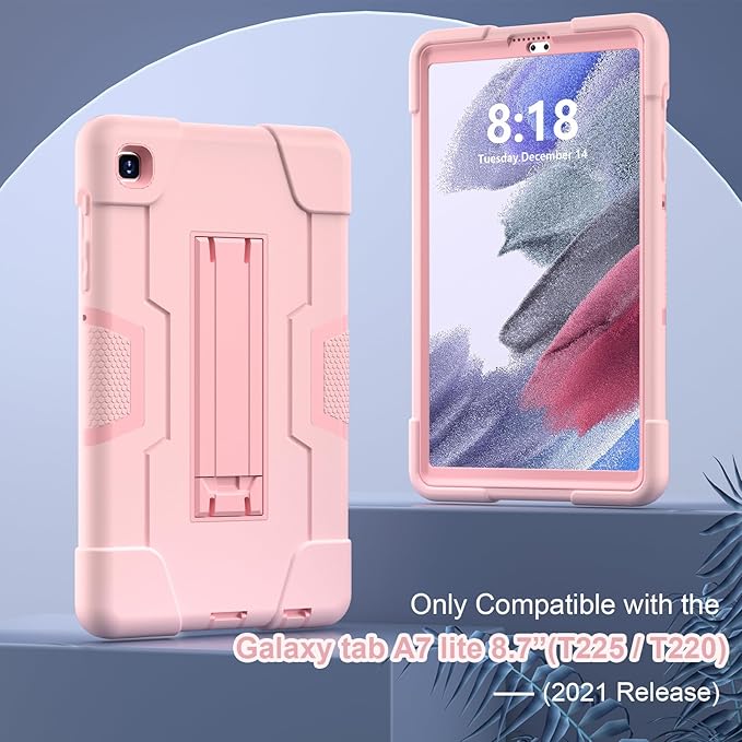 Case for Samsung Galaxy Tab A7 Lite 8.7-Inch 2021 (SM-T227/T225/T220), 3 in 1 Heavy Duty Rugged Shockproof Kickstand Hybrid Three Layer Protective Cover, Rosegold