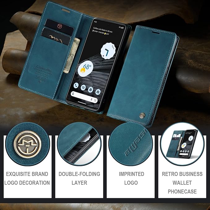 for Google Pixel 7 Case, Flip Wallet Leather Case with Card Holder Magnetic Closure Shockproof Kickstand Protective Phone Cases Cover for Google Pixel 7,Blue-Green