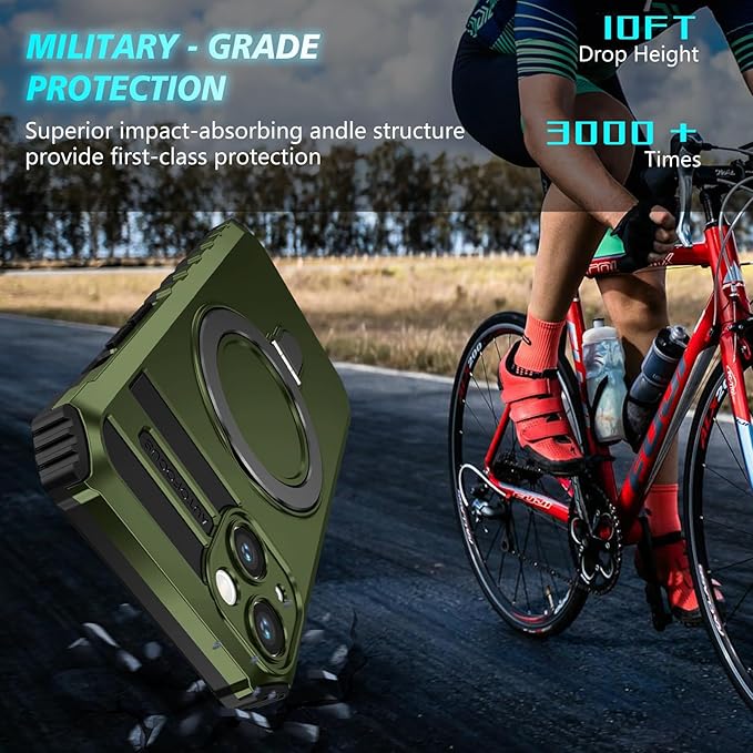 for iPhone 14 Case Magnetic Compatible with MagSafe Wireless Charging,with 2 Screen Protectors,Built-in Kickstand Ring,Shockproof Shock-Absorbent Scratch Resistant Heavy Duty Protection Green