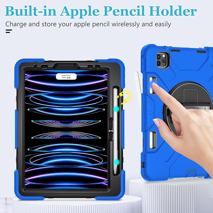 Case for iPad Pro 11 Inch 2022/2021/ 2020/2018: Silicone Cover for iPad 11 Inch 4th/ 3rd/ 2nd/ 1st/ Generation with Screen Protector- Stand- Handle- Shoulder Strap- Pencil Holder- Blue