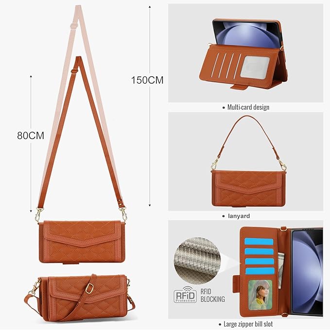 for Samsung Galaxy Z Fold 7 Wallet Case - Stitching Pattern RFID Blocking Card Holder, S Pen Slot Crossbody Strap, Full Body Protection Flip Cover for Women Brown