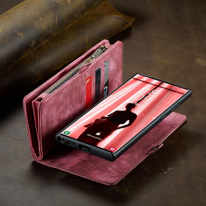 SZHAIYU 2 in 1 Detachable for Samsung Galaxy S23 Ultra Wallet Case with Card Holder, Retro Premium Flip Leather Cover Magnetic Zipper Pocket Phone Cases 6.8'' (Red,S23 Ultra)