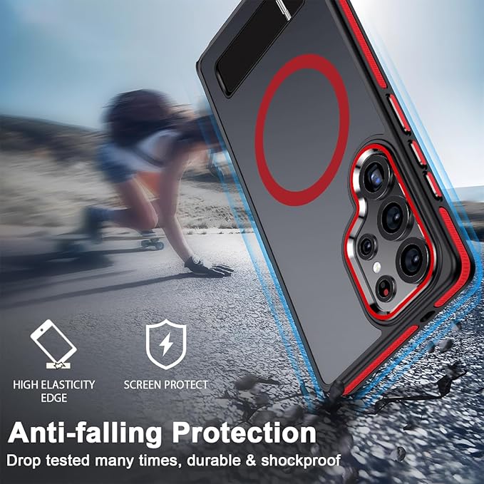 for Samsung Galaxy S25 Ultra Case, Shockproof S25 Ultra Phone Case with Kickstand, Anti-Skid Case Fits for Magsafe, Camera Frame with Raised Protection for Galaxy S25 Ultra Cover (Black/Red)