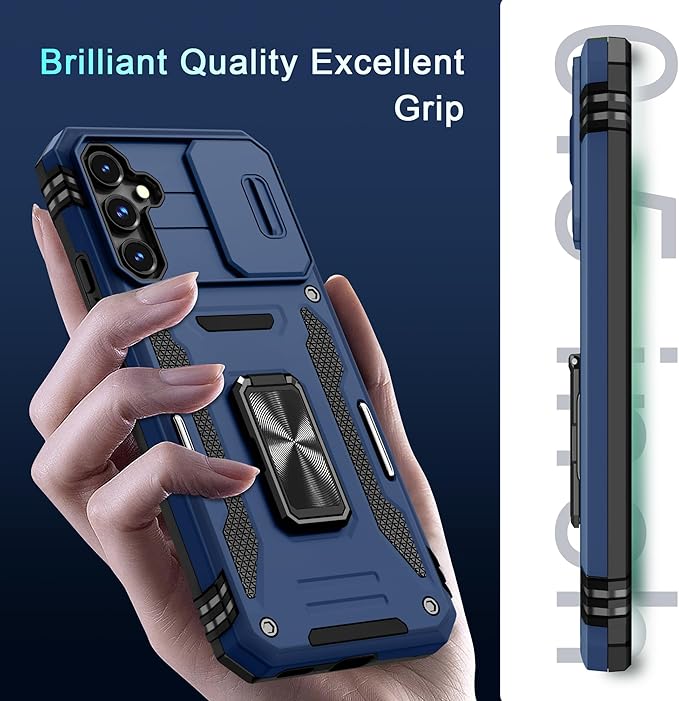 DEERLAMN Case for Samsung Galaxy S23 FE 6.4-Inch with Slide Camera Cover+Screen Protector(1 Pack),Rotated Ring Kickstand Military Grade Shockproof Protective Cover-Navy Blue