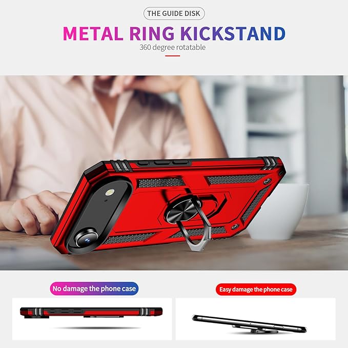 ADDIT Compatible with iPhone 17 Air Case with Tempered Glass Screen Protector, Adjustable Kickstand Ring, Military-Grade Heavy Duty Protection, Shockproof, Anti-Fingerprint,Red