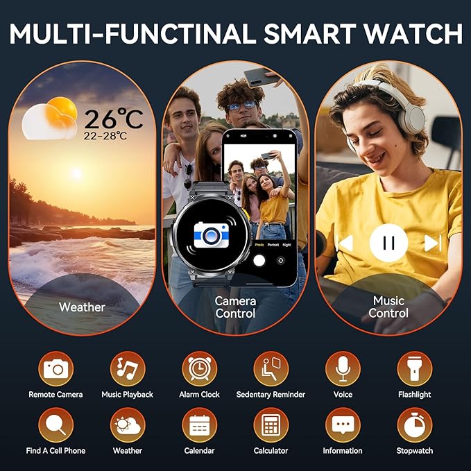 Military Smart Watch for Men 1.85” Big Screen Smart Watch, LED Flashlight/730mAh Battery/100+ Sports Modes Fitness Watch, Heart Rate Sleep Tracker Smartwatch for iOS Android (Black Stainless Steel)