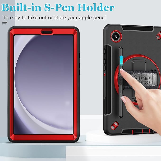 Case for Galaxy Tab A9 Plus 5G 2023: Heavy Duty TPU Cover for Samsung Tablet A9+ 11 Inch with Stand - Handle - Shoulder Strap -S-Pen Holder- Red Black