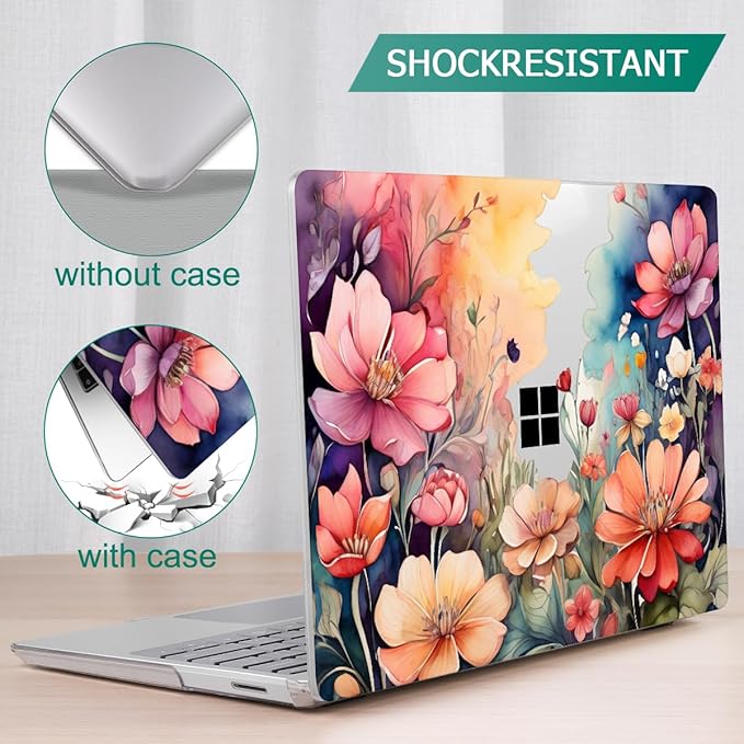 Tuiklol Case for 12.4 Inch Microsoft Surface Laptop Go 3/2 / 1 2023-2020 Releases, Plastic Hard Shell Case with Screen Protector and Keyborad Cover +Dust Plugs Model 2013/1943,Ilustration Flowers