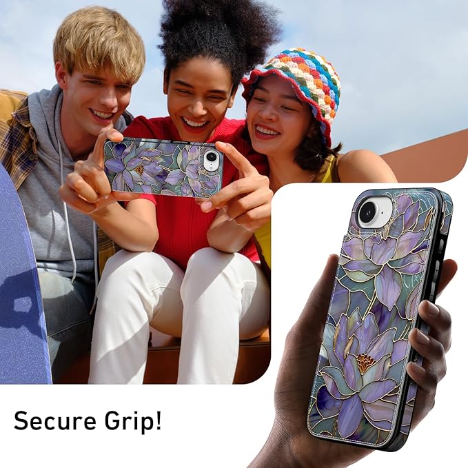 FUNMIKO for iPhone 16e Wallet Case with Card Holder, RFID-Blocking, Military-Grade Protection & UV-Printed Artwork, Magnetic Closure with Leather Kickstand - Dreamy Lotus