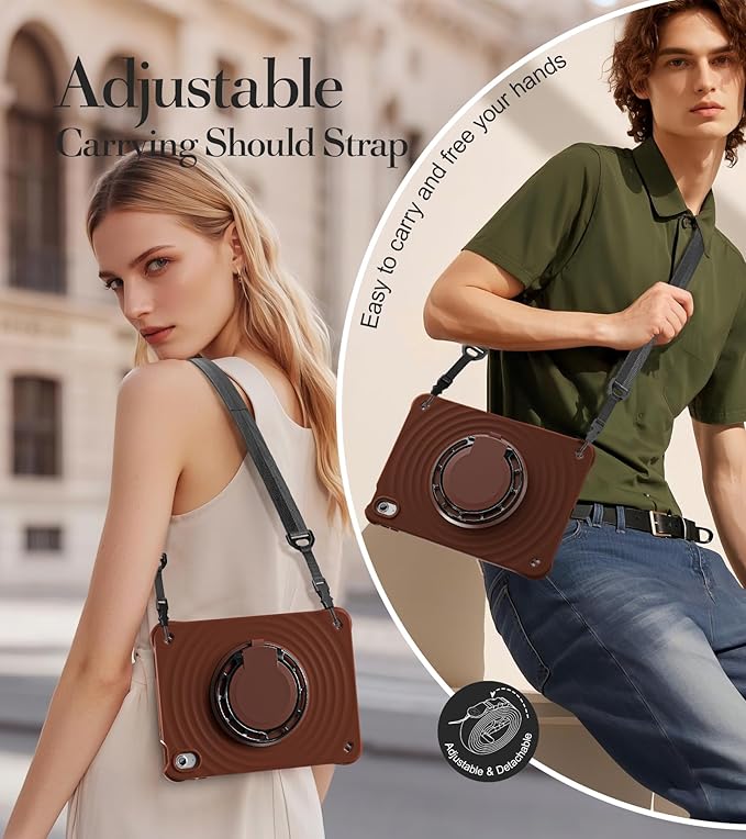 BRAECN Ripple Case for iPad (A16)11th/10th Generation 11/10.9 inch 2025/2022 Zinc Alloy Handle Ring Stand Protective Heavy Duty Screen Protector 360°Rotating 180°Folding Shoulder Strap Full-Body Cover