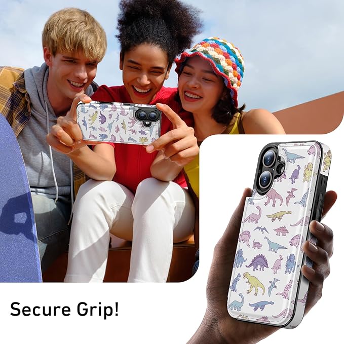 FUNMIKO for iPhone 16 Wallet Case with Card Holder, RFID-Blocking, Military-Grade Protection & UV-Printed Artwork, Magnetic Closure with Leather Kickstand - Vibrantly Cute Dinosaur