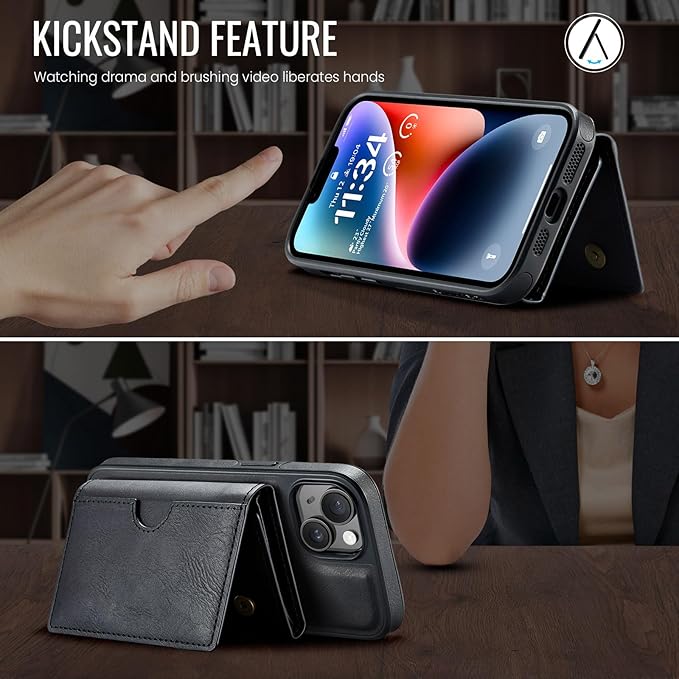 Asuwish Phone Case for iPhone 14 6.1 inch Wallet Magnetic Detachable Cell Cover with Wireless Charging and RFID Blocking Credit Card Holder Flip Stand iPhone14 5G i i-Phone i14 14Case Women Men Black