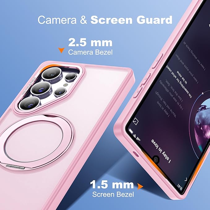 for Samsung Galaxy S25 Ultra Case with 360°Rotatable Magnetic Ring Stand Compatible with Mag-Safe Military Protection Shockproof Matte Translucent Phone Cases for S25 Ultra 6.9",Pink