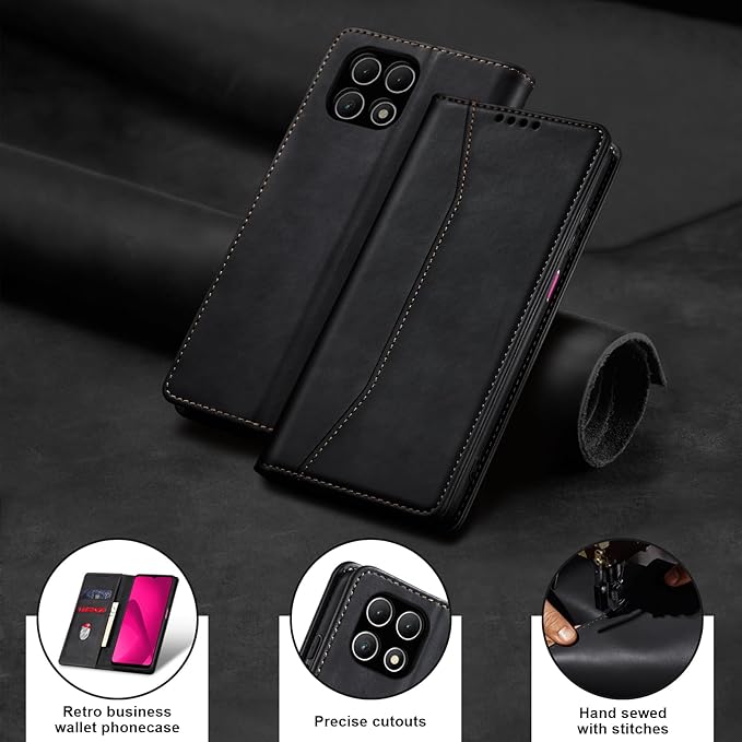 Jasonyu Flip Wallet Case for T-Mobile Revvl 7,Leather Magnetic Folio Cover with Card Holder,Kickstand - TPU Shockproof Durable Protective Phone Case,Black
