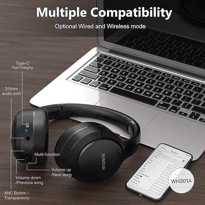 RUNOLIM Hybrid Active Noise Cancelling Headphones, Wireless Over Ear Bluetooth Headphones with Microphone, 70H Playtime, Foldable Headphone with HiFi Audio, Deep Bass for Home Travel Office