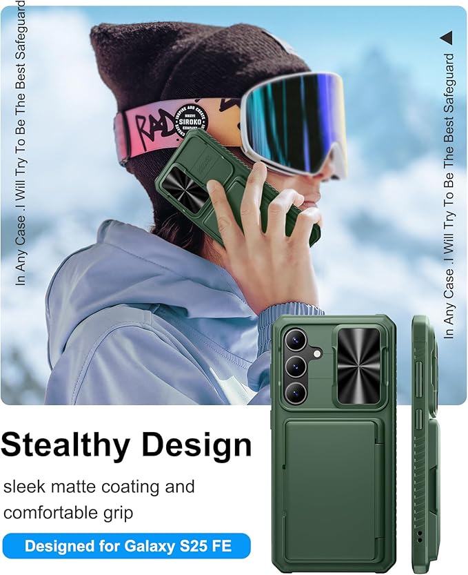 for Samsung Galaxy S25 FE Wallet Case, Credit Card Holder (4-5 Cards), Slide Lens Cover, Military Drop Protection, Rugged Heavy Duty Women Men Protective Phone Case for Galaxy S25 FE 6.7", Green