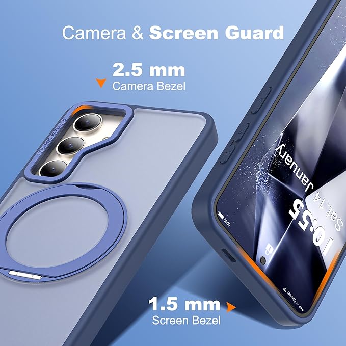 for Samsung Galaxy S25 Plus Case with 360°Rotatable Magnetic Ring Stand Compatible with Mag-Safe Military Protection Shockproof Matte Translucent Phone Cases for Galaxy S25+,Blue