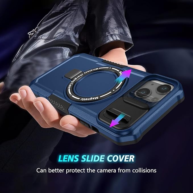 for iPhone 13 Case Magnetic Compatible with MagSafe Wireless Charging,with 2 Screen Protectors,for 13 Case Built-in Kickstand+Camera Cover Anti-Scratch Shockproof Heavy Duty Protection Blue
