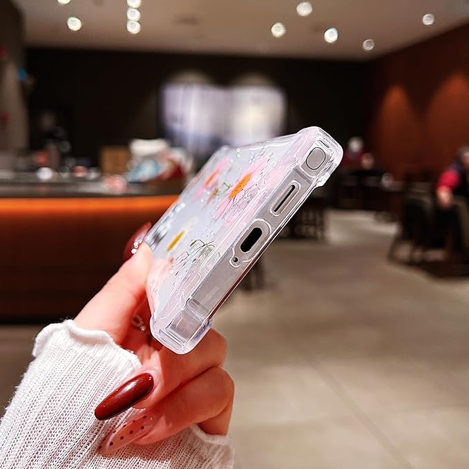 Compatible with Samsung Galaxy S25 Ultra Case Cute Pressed Dried Real Flowers Design Women Girly Shockproof Glitter Floral Clear Phone Cover for Galaxy S25 Ultra (Pink Flower)