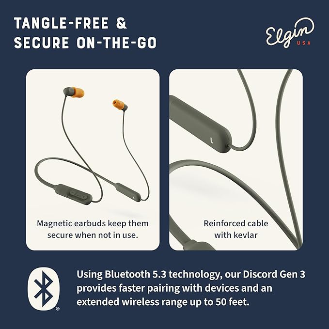 Elgin Discord Gen 3 Bluetooth Earplug Earbuds, OSHA Compliant Wireless in-Ear Headphones, 31dB NRR ANSI Certified Noise Isolation, Dynamic 8mm Driver, USB-C Charging, 14-Hour Playback