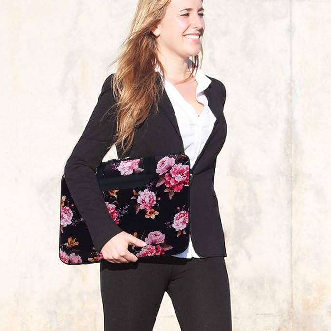 Violet Mist 11 11.6 12 Inch Laptop Sleeve Funny Floral Pattern Laptop Carrying Bag Case with Handle Cute Protective Neoprene Notebook Tablet Computer Travel Cover Pouch Briefcase, Black Peony