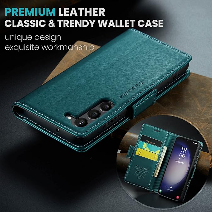 Case for Samsung Galaxy S23 Plus Wallet Case, RFID Blocking PU Leather Flip Folio Cover Card Holder Kickstand Shockproof Phone Case Compatible with Samsung Galaxy S23 Plus, Blue Green